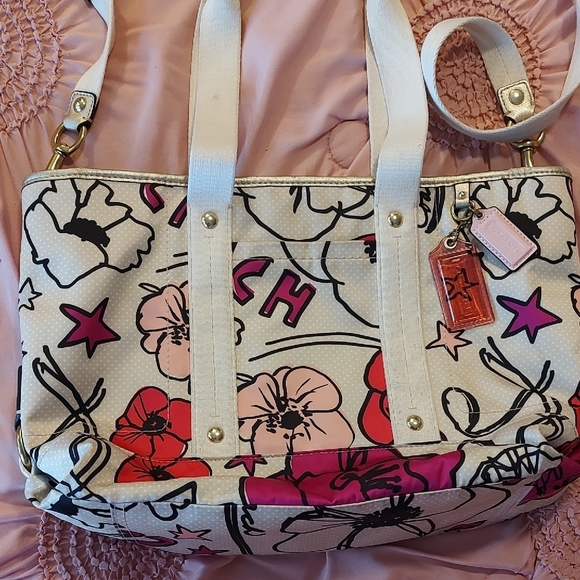 Coach Canvas Floral Crossbody Tote Bag Red and Pink - Picture 2 of 9